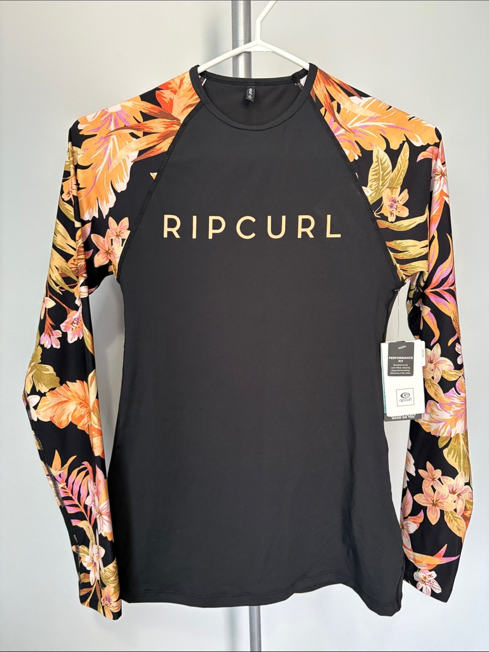 RIP CURL Rash Guard with Floral Orange Sleeves